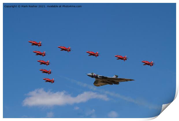 Vulcan XH558 flypast with the Red Arrows Print by Mark Rosher