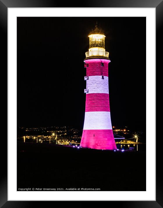 Smeaton's Tower Illuminated At Night On The Hoe, Plymouth Framed Mounted Print by Peter Greenway