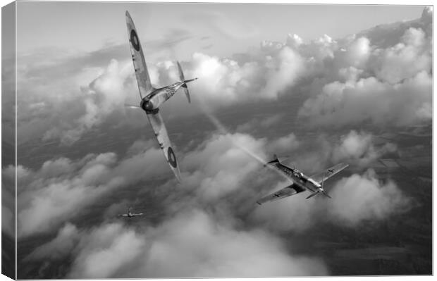 Spitfire shoots down Messerschmitt Bf 109, B&W version Canvas Print by Gary Eason