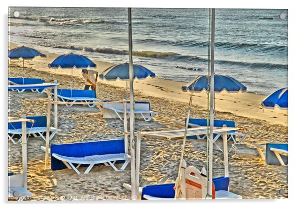 Deckchairs On Beach in Portugal Acrylic by Philip Gough