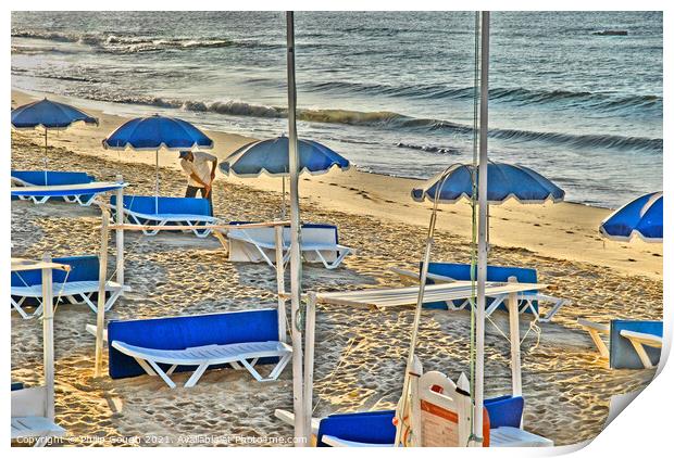 Deckchairs On Beach in Portugal Print by Philip Gough