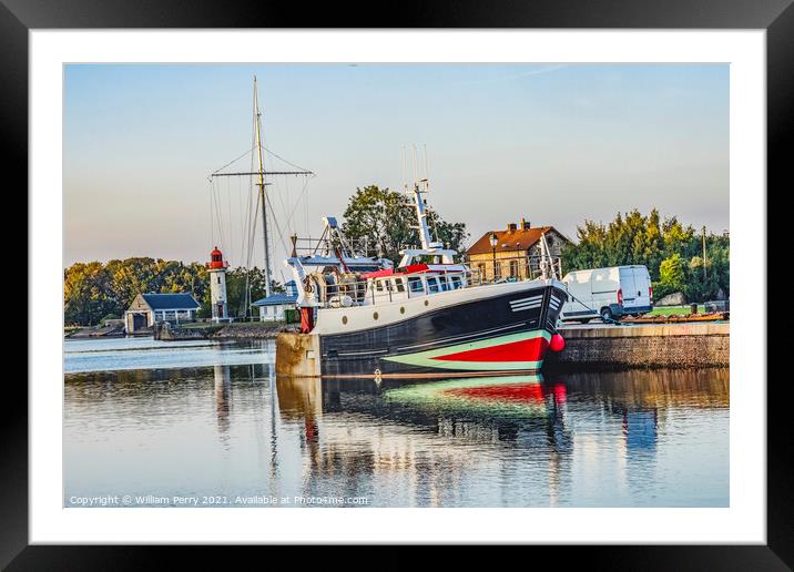 Lighthouse Fishing Boat Reflection Harbor Honfluer France Framed Mounted Print by William Perry