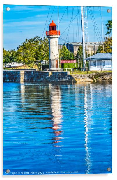 Red White Lighthouse Reflection Entrance Harbor Honfluer France Acrylic by William Perry