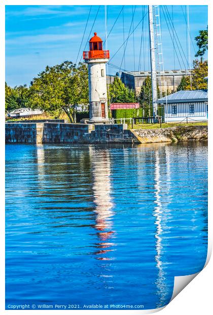 Red White Lighthouse Reflection Entrance Harbor Honfluer France Print by William Perry