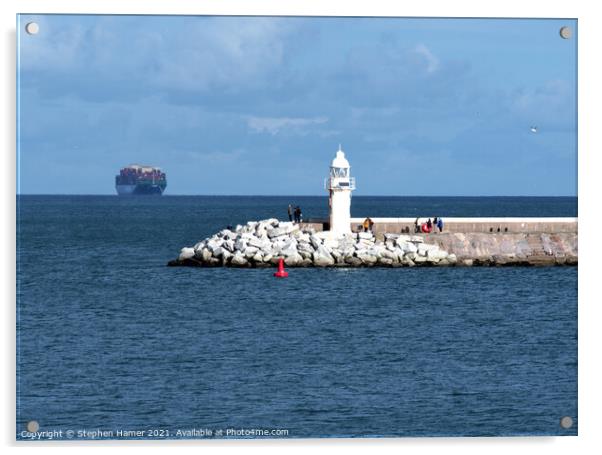 Brixham Breakwater with passing Container Ship Acrylic by Stephen Hamer