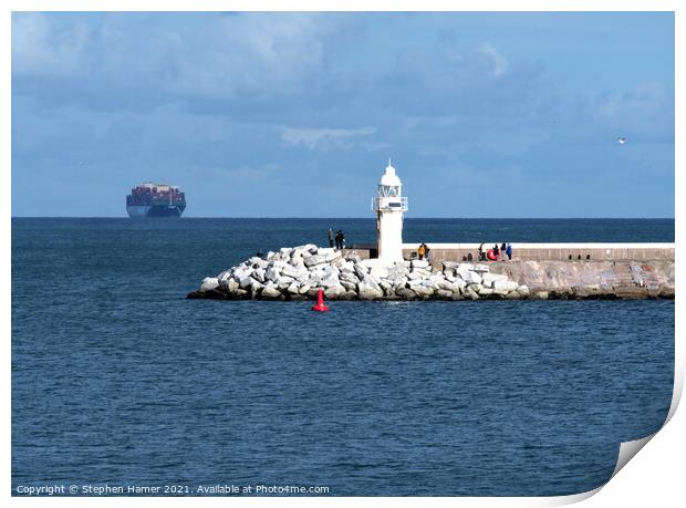 Brixham Breakwater with passing Container Ship Print by Stephen Hamer