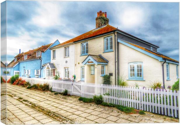 Charming Cottages on Mudeford Quay Canvas Print by Beryl Curran
