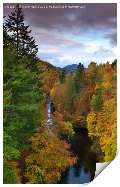 Autumn colours line the River Tummel near Pitlochry, Perthshire Print by Navin Mistry