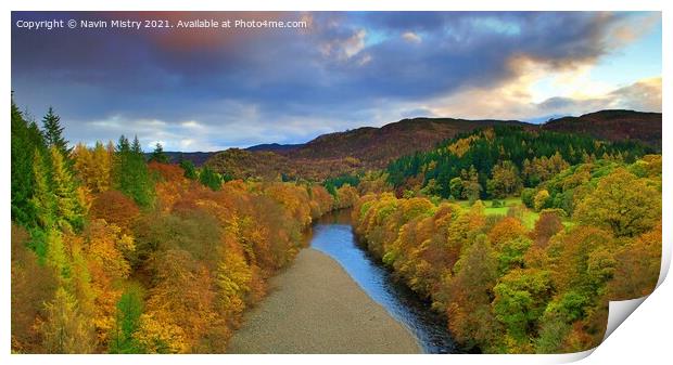 Autumn colours line the River Tummel near Pitlochry, Perthshire Print by Navin Mistry