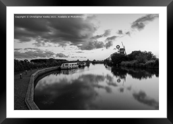 Black and white Norfolk Broads Turf Fen windmill Framed Mounted Print by Christopher Keeley