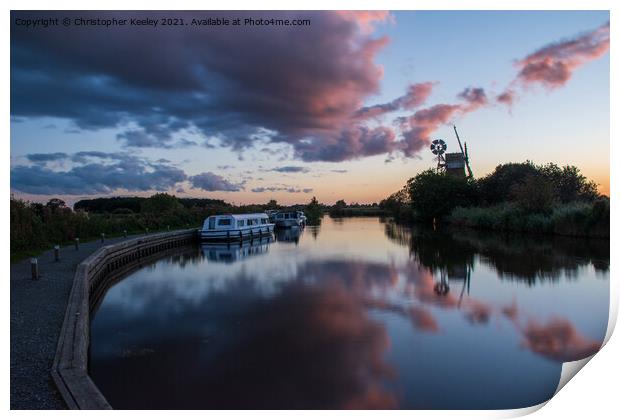 Norfolk Broads windmill sunset Print by Christopher Keeley