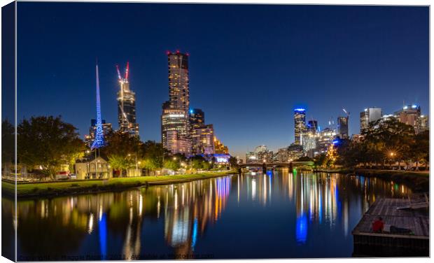 City Night Reflection of Buildings in Melbourne. Canvas Print by Maggie Bajada