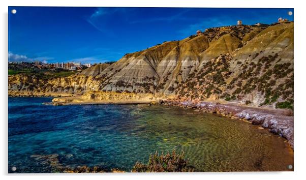 Blue coastline with hillside of the Maltese Island Acrylic by Maggie Bajada