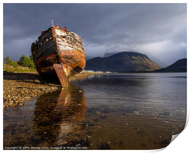 Old Boat of Caol and Ben Nevis in Scotland, UK Print by Chris Dorney