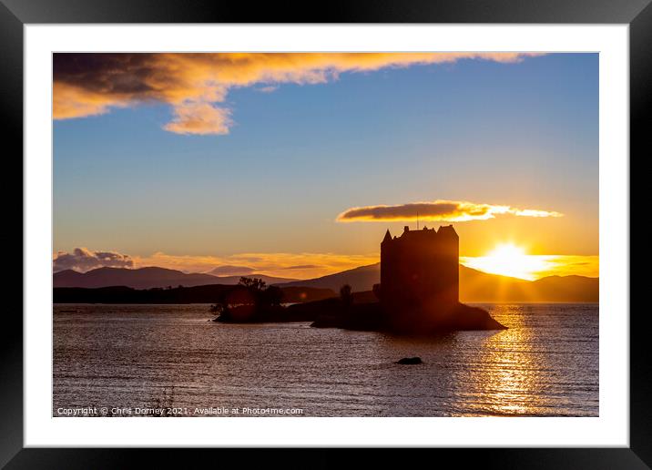 Sunset at Castle Stalker in the Scottish Highlands Framed Mounted Print by Chris Dorney