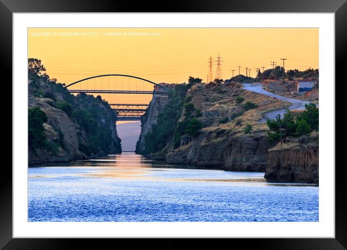 The Corinth Canal transport corridor between two seas in Greece in the early morning haze. Framed Mounted Print by Sergii Petruk