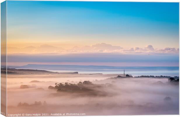Foggy West Dorset landscape at sunrise Canvas Print by Gary Holpin