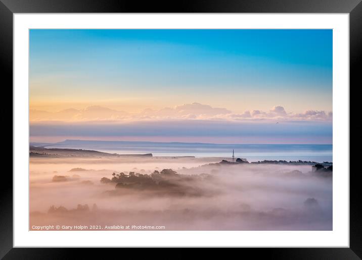 Foggy West Dorset landscape at sunrise Framed Mounted Print by Gary Holpin