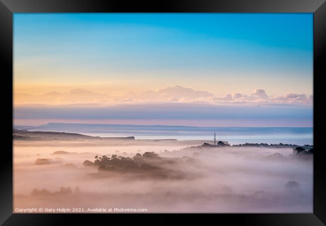 Foggy West Dorset landscape at sunrise Framed Print by Gary Holpin