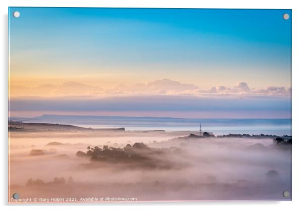 Foggy West Dorset landscape at sunrise Acrylic by Gary Holpin