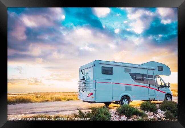 Travel to see beautiful sunsets by motorhome on holidays on rura Framed Print by Joaquin Corbalan