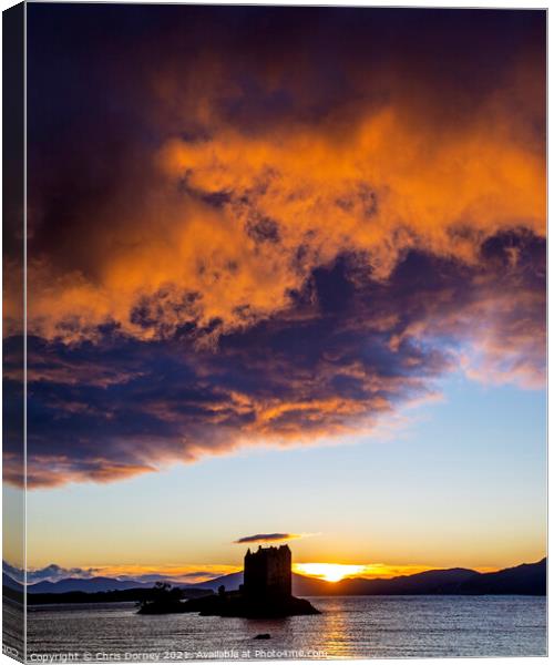 Sunset View of Castle Stalker in the Highlands of Scotland Canvas Print by Chris Dorney