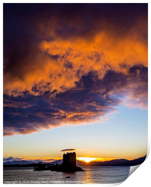 Sunset View of Castle Stalker in the Highlands of Scotland Print by Chris Dorney
