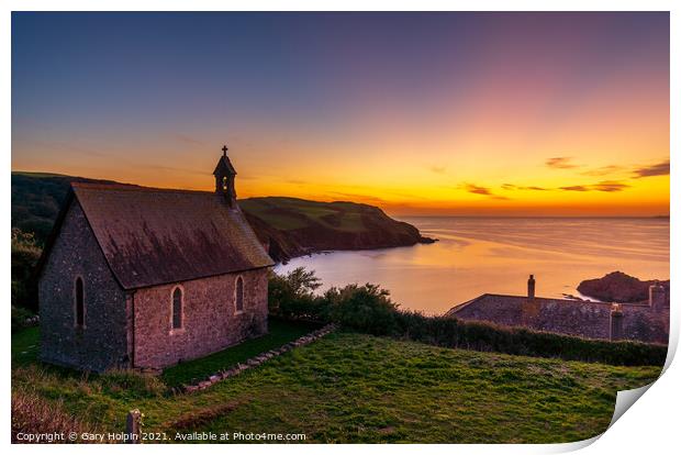 A sunset over the sea with a church in the foreground Print by Gary Holpin