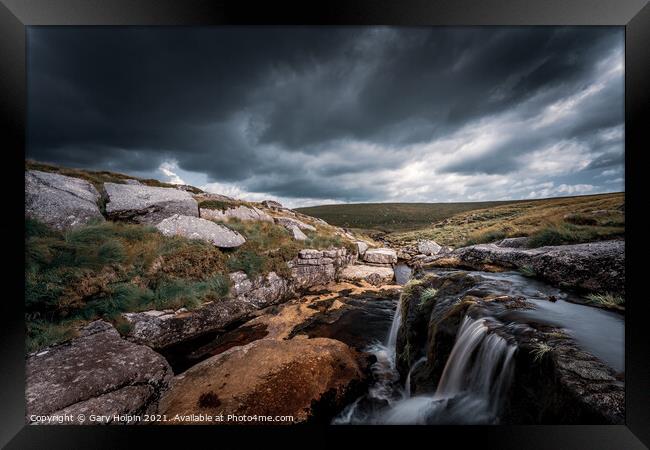 Moody East Dart Falls Framed Print by Gary Holpin