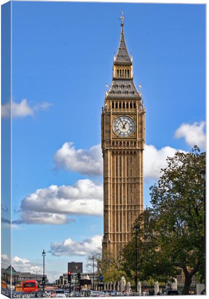 Iconic Clock Tower amidst Bustling London Traffic Canvas Print by Roger Mechan