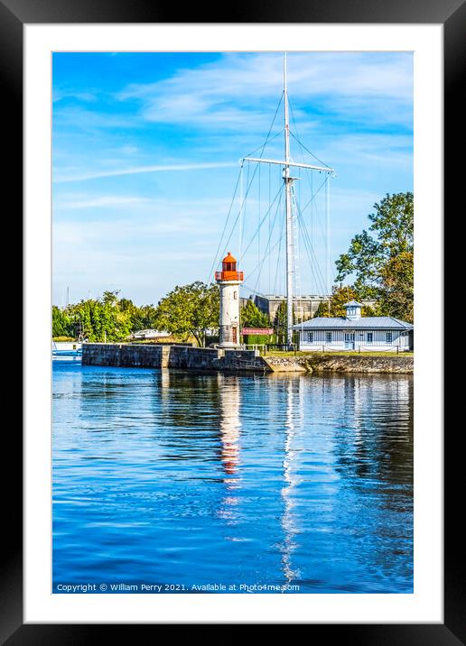 Red White Lighthouse Reflection Entrance Harbor Honfluer France Framed Mounted Print by William Perry