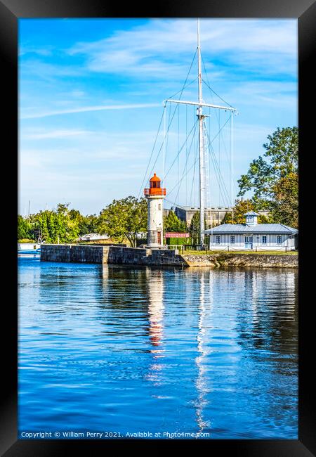 Red White Lighthouse Reflection Entrance Harbor Honfluer France Framed Print by William Perry
