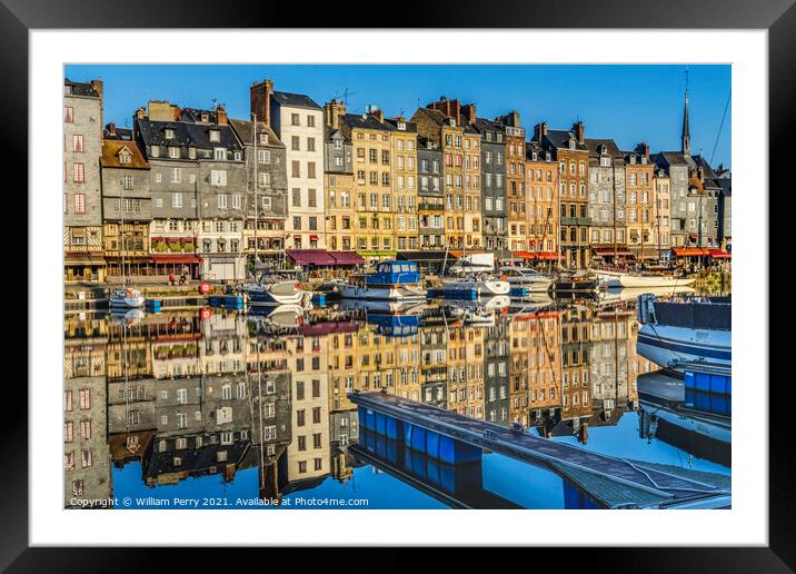 Morning Waterfront Reflection Inner Harbor Honfluer France Framed Mounted Print by William Perry