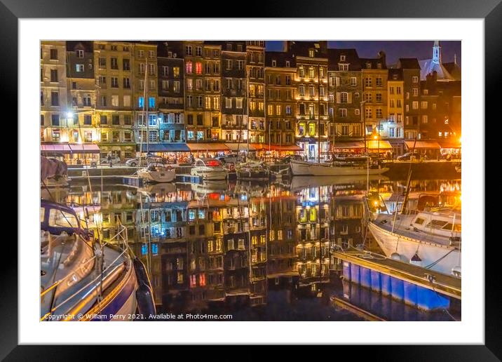 Night Boats Waterfront Reflection Inner Harbor Honfluer France Framed Mounted Print by William Perry