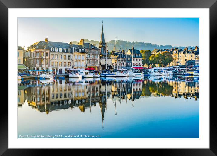 Morning Yachts Boats Waterfront Reflection Inner Harbor Honfluer Framed Mounted Print by William Perry