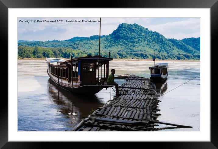 Mekong River Boat Laos Framed Mounted Print by Pearl Bucknall
