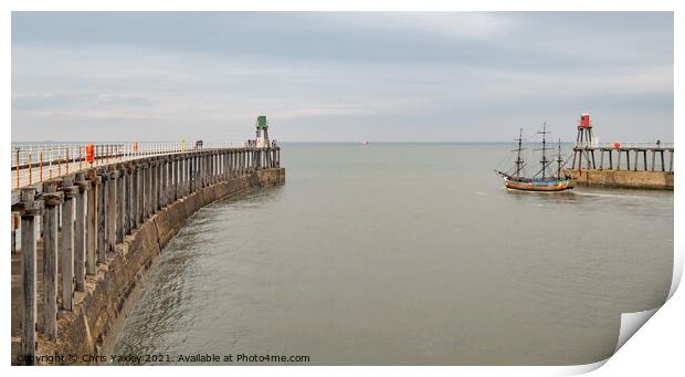 Boat leaving Whitby Harbour Print by Chris Yaxley