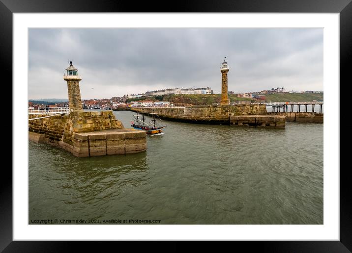 Boat leaving Whitby Harbour, North Yorkshire Framed Mounted Print by Chris Yaxley