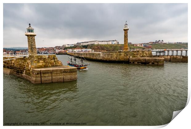Boat leaving Whitby Harbour, North Yorkshire Print by Chris Yaxley