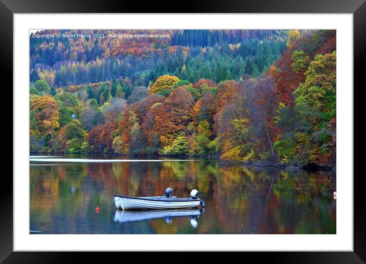  A small boat in Loch Faskally in Autumn  Framed Mounted Print by Navin Mistry