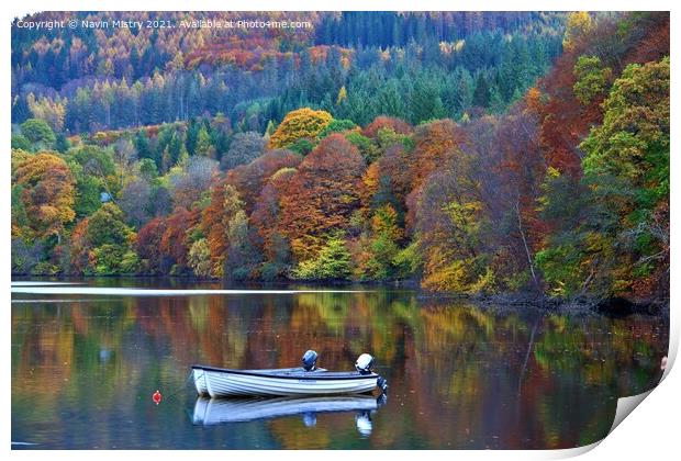  A small boat in Loch Faskally in Autumn  Print by Navin Mistry