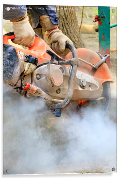 A builder uses a portable cutter to cut a concrete structure in a cloud of dust. Acrylic by Sergii Petruk