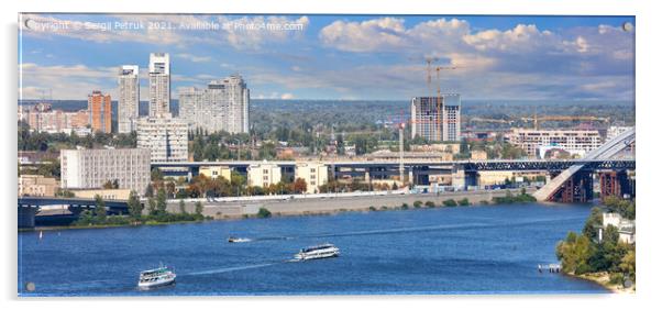 Panoramic cityscape of the Dnipro with cruising pleasure boats against the background of the Kyiv embankment, bright beautiful sky and city buildings. Acrylic by Sergii Petruk