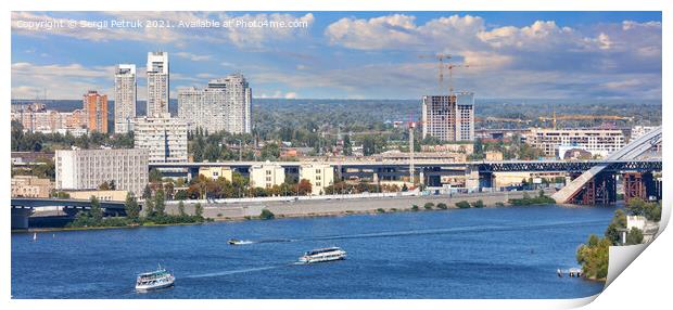 Panoramic cityscape of the Dnipro with cruising pleasure boats against the background of the Kyiv embankment, bright beautiful sky and city buildings. Print by Sergii Petruk