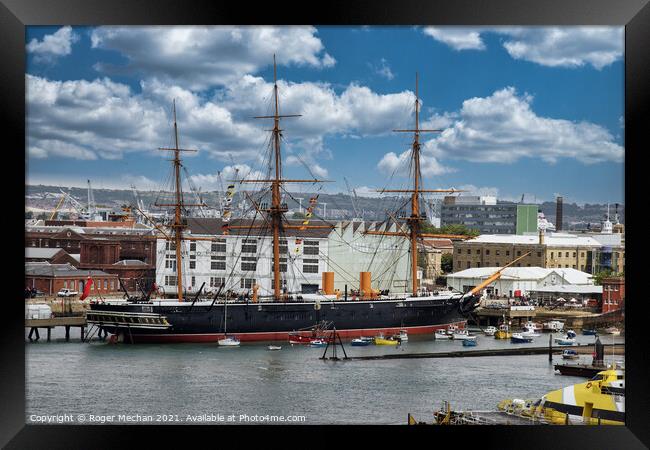 The Mighty Warship of Portsmouth Framed Print by Roger Mechan