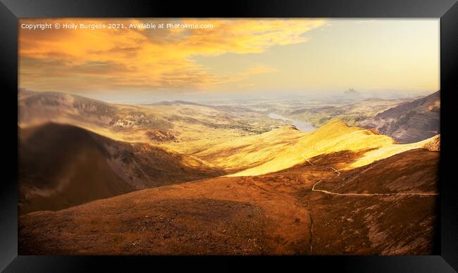 Mt Snowdon with yellow sunset over the Mountain north Wales  Framed Print by Holly Burgess