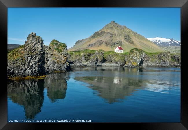 Iceland landscape. Little white house in Arnarstap Framed Print by Delphimages Art