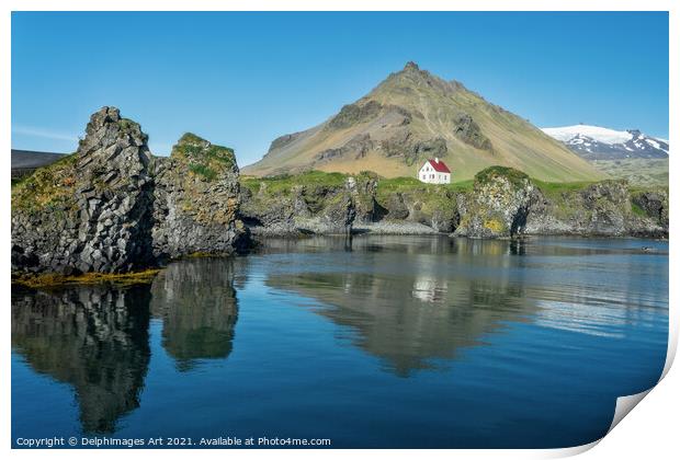 Iceland landscape. Little white house in Arnarstap Print by Delphimages Art