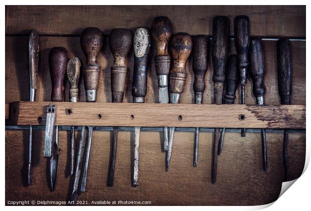 Old rustic tools, vintage workshop Print by Delphimages Art
