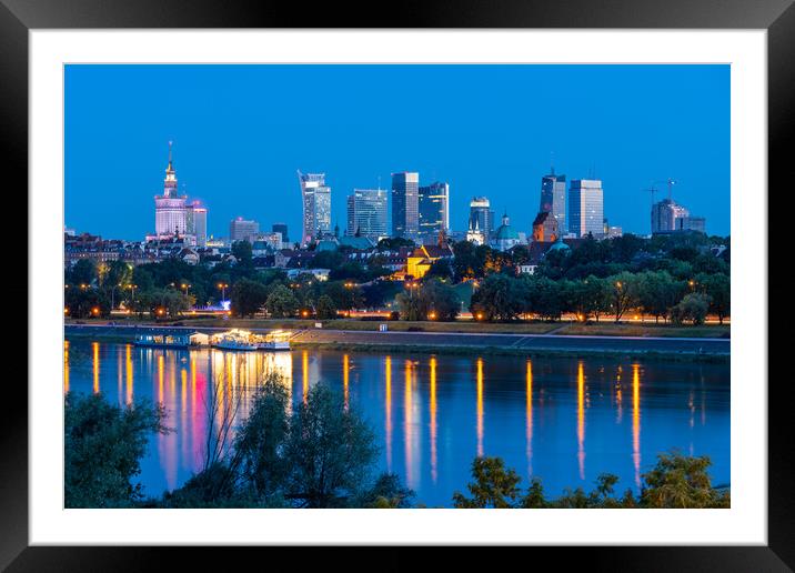 Warsaw Skyline Evening River View In Poland Framed Mounted Print by Artur Bogacki
